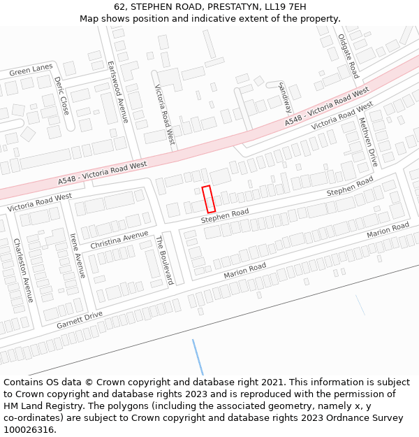 62, STEPHEN ROAD, PRESTATYN, LL19 7EH: Location map and indicative extent of plot