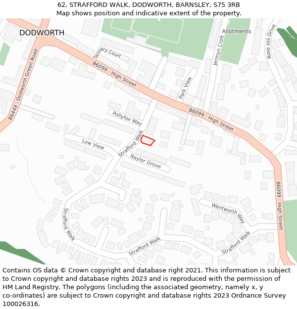 62, STRAFFORD WALK, DODWORTH, BARNSLEY, S75 3RB: Location map and indicative extent of plot