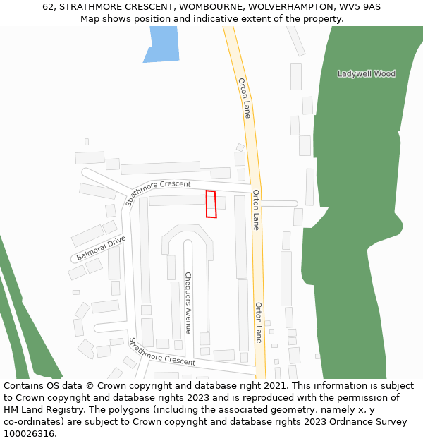 62, STRATHMORE CRESCENT, WOMBOURNE, WOLVERHAMPTON, WV5 9AS: Location map and indicative extent of plot