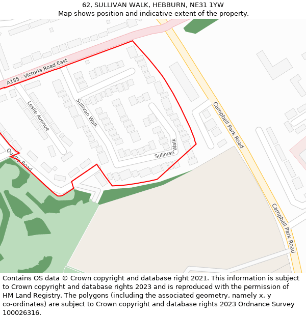 62, SULLIVAN WALK, HEBBURN, NE31 1YW: Location map and indicative extent of plot