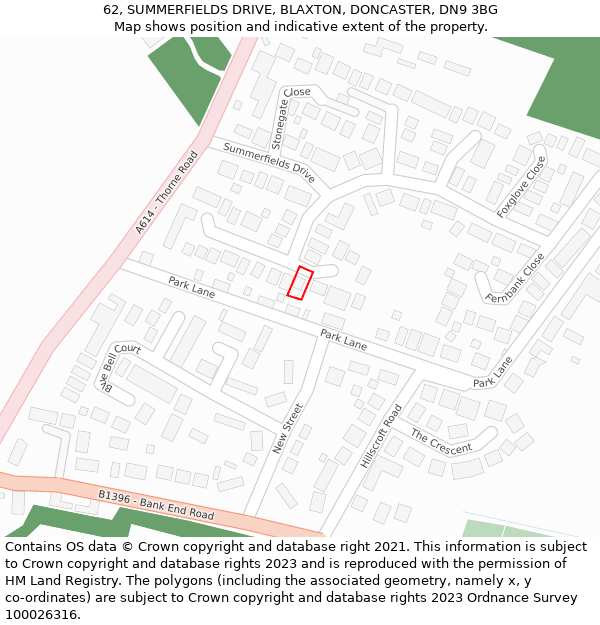 62, SUMMERFIELDS DRIVE, BLAXTON, DONCASTER, DN9 3BG: Location map and indicative extent of plot