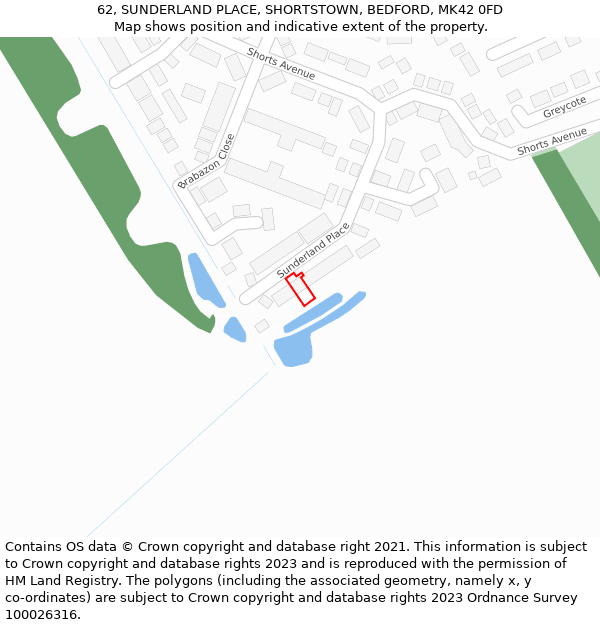62, SUNDERLAND PLACE, SHORTSTOWN, BEDFORD, MK42 0FD: Location map and indicative extent of plot