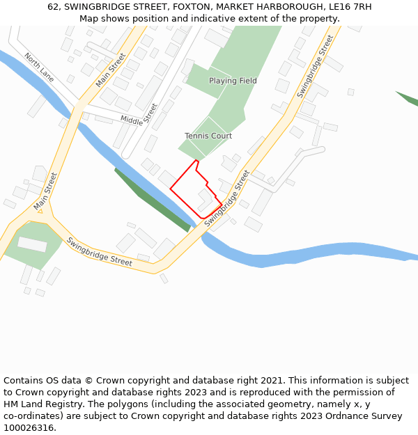 62, SWINGBRIDGE STREET, FOXTON, MARKET HARBOROUGH, LE16 7RH: Location map and indicative extent of plot