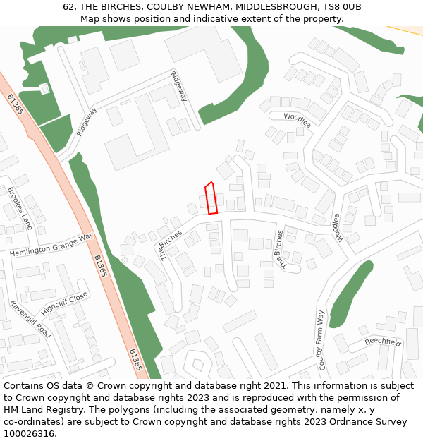 62, THE BIRCHES, COULBY NEWHAM, MIDDLESBROUGH, TS8 0UB: Location map and indicative extent of plot