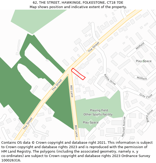 62, THE STREET, HAWKINGE, FOLKESTONE, CT18 7DE: Location map and indicative extent of plot