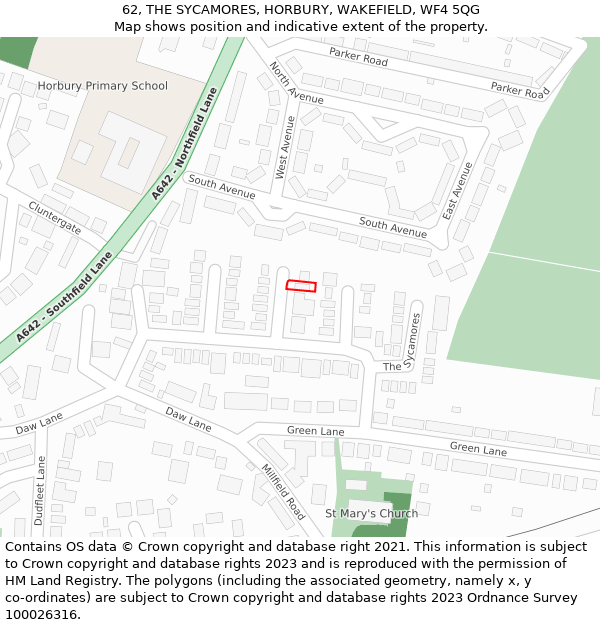 62, THE SYCAMORES, HORBURY, WAKEFIELD, WF4 5QG: Location map and indicative extent of plot