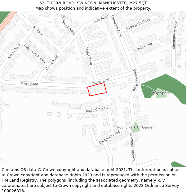 62, THORN ROAD, SWINTON, MANCHESTER, M27 5QT: Location map and indicative extent of plot