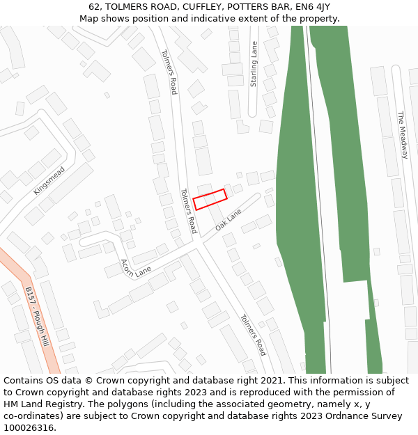 62, TOLMERS ROAD, CUFFLEY, POTTERS BAR, EN6 4JY: Location map and indicative extent of plot