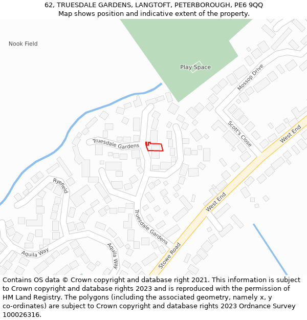 62, TRUESDALE GARDENS, LANGTOFT, PETERBOROUGH, PE6 9QQ: Location map and indicative extent of plot