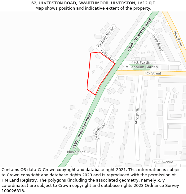 62, ULVERSTON ROAD, SWARTHMOOR, ULVERSTON, LA12 0JF: Location map and indicative extent of plot