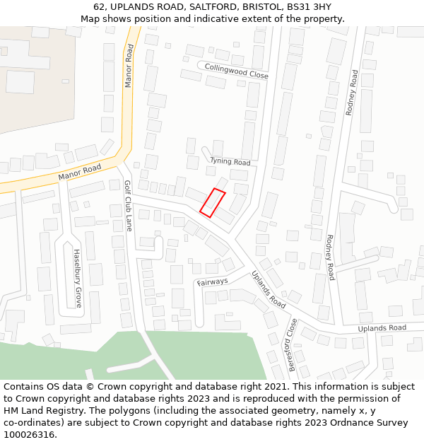 62, UPLANDS ROAD, SALTFORD, BRISTOL, BS31 3HY: Location map and indicative extent of plot