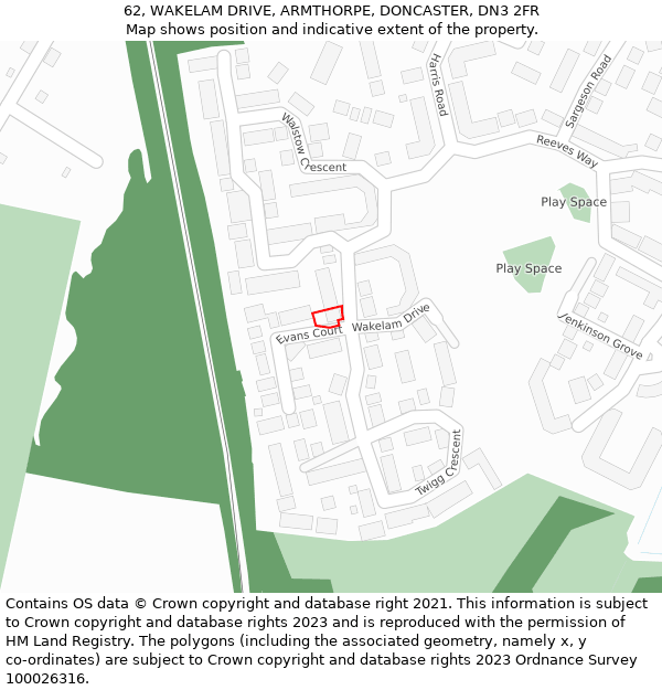 62, WAKELAM DRIVE, ARMTHORPE, DONCASTER, DN3 2FR: Location map and indicative extent of plot