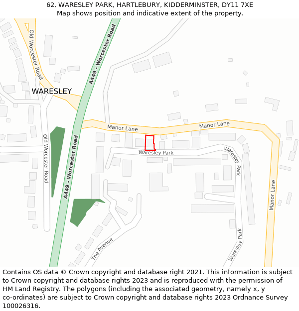 62, WARESLEY PARK, HARTLEBURY, KIDDERMINSTER, DY11 7XE: Location map and indicative extent of plot