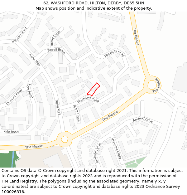62, WASHFORD ROAD, HILTON, DERBY, DE65 5HN: Location map and indicative extent of plot