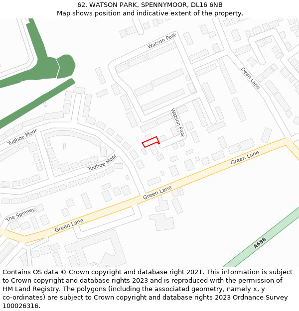 62, WATSON PARK, SPENNYMOOR, DL16 6NB: Location map and indicative extent of plot