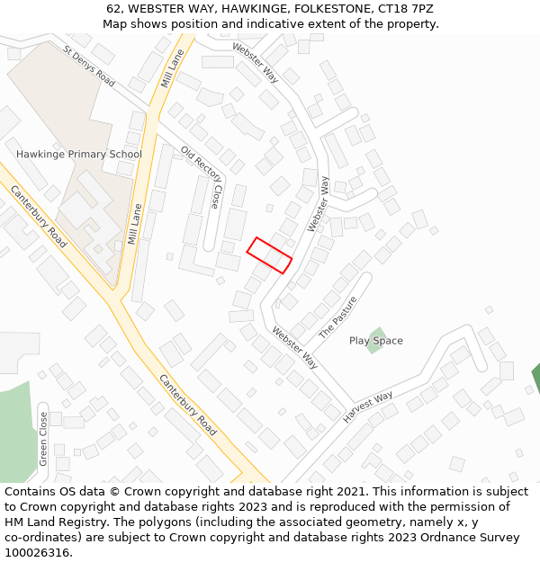 62, WEBSTER WAY, HAWKINGE, FOLKESTONE, CT18 7PZ: Location map and indicative extent of plot