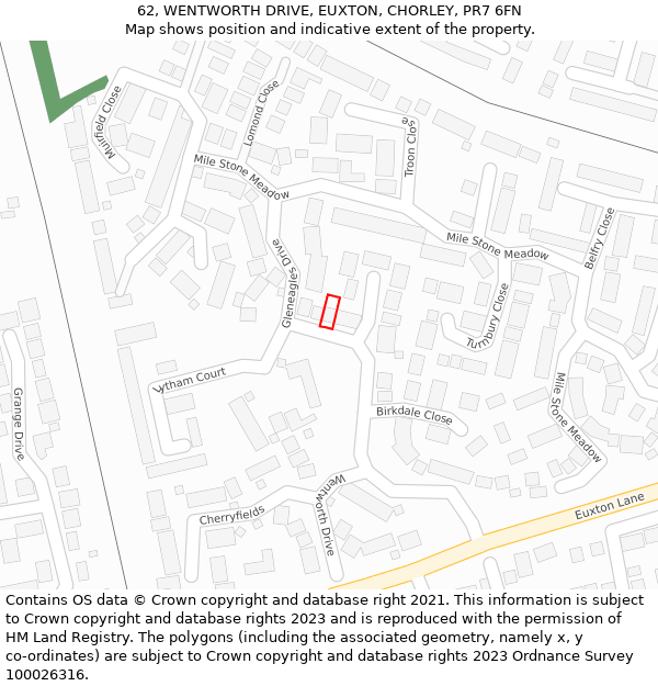 62, WENTWORTH DRIVE, EUXTON, CHORLEY, PR7 6FN: Location map and indicative extent of plot