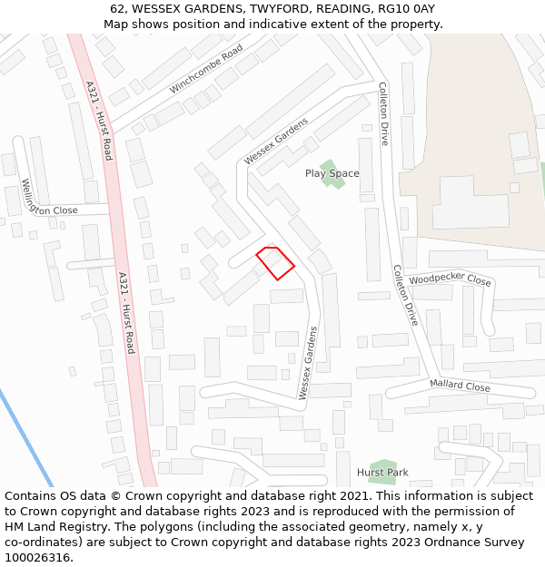 62, WESSEX GARDENS, TWYFORD, READING, RG10 0AY: Location map and indicative extent of plot