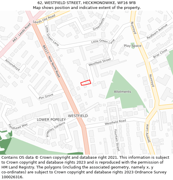62, WESTFIELD STREET, HECKMONDWIKE, WF16 9FB: Location map and indicative extent of plot