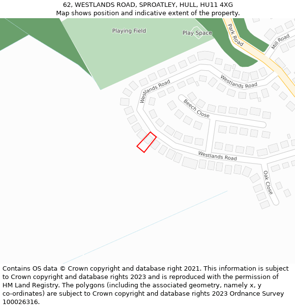 62, WESTLANDS ROAD, SPROATLEY, HULL, HU11 4XG: Location map and indicative extent of plot
