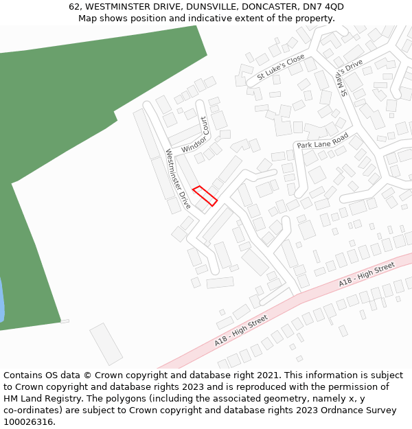 62, WESTMINSTER DRIVE, DUNSVILLE, DONCASTER, DN7 4QD: Location map and indicative extent of plot