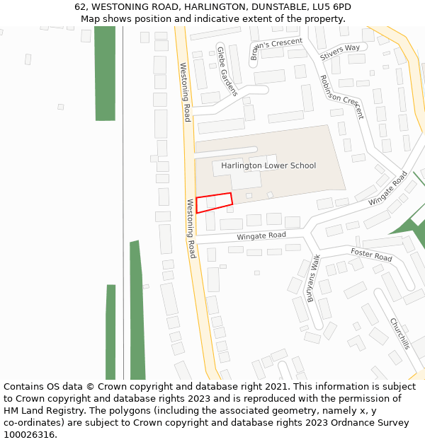 62, WESTONING ROAD, HARLINGTON, DUNSTABLE, LU5 6PD: Location map and indicative extent of plot