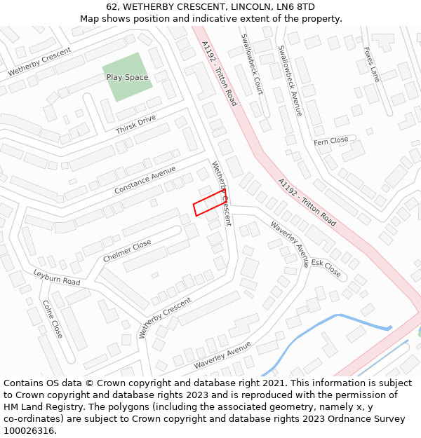 62, WETHERBY CRESCENT, LINCOLN, LN6 8TD: Location map and indicative extent of plot