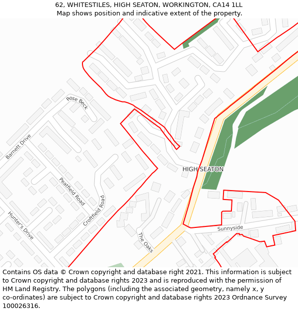 62, WHITESTILES, HIGH SEATON, WORKINGTON, CA14 1LL: Location map and indicative extent of plot