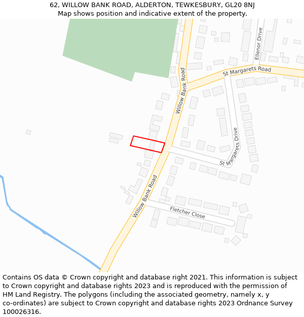 62, WILLOW BANK ROAD, ALDERTON, TEWKESBURY, GL20 8NJ: Location map and indicative extent of plot