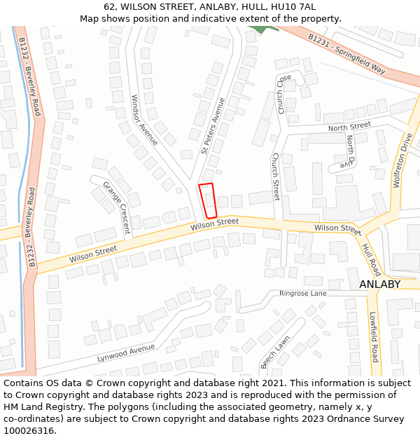 62, WILSON STREET, ANLABY, HULL, HU10 7AL: Location map and indicative extent of plot
