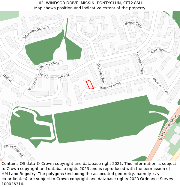 62, WINDSOR DRIVE, MISKIN, PONTYCLUN, CF72 8SH: Location map and indicative extent of plot