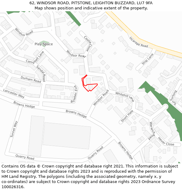 62, WINDSOR ROAD, PITSTONE, LEIGHTON BUZZARD, LU7 9FA: Location map and indicative extent of plot