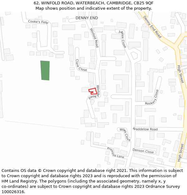 62, WINFOLD ROAD, WATERBEACH, CAMBRIDGE, CB25 9QF: Location map and indicative extent of plot