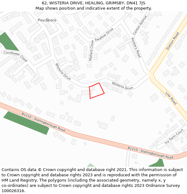 62, WISTERIA DRIVE, HEALING, GRIMSBY, DN41 7JS: Location map and indicative extent of plot