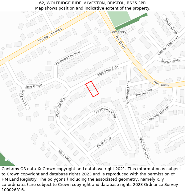 62, WOLFRIDGE RIDE, ALVESTON, BRISTOL, BS35 3PR: Location map and indicative extent of plot