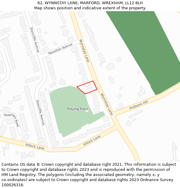 62, WYNNSTAY LANE, MARFORD, WREXHAM, LL12 8LH: Location map and indicative extent of plot