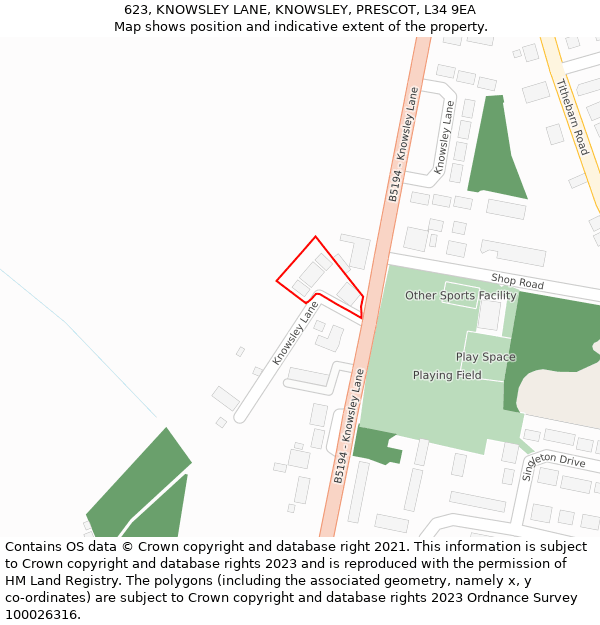 623, KNOWSLEY LANE, KNOWSLEY, PRESCOT, L34 9EA: Location map and indicative extent of plot