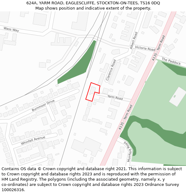 624A, YARM ROAD, EAGLESCLIFFE, STOCKTON-ON-TEES, TS16 0DQ: Location map and indicative extent of plot