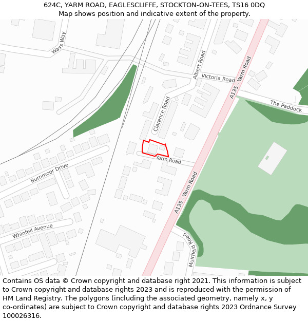 624C, YARM ROAD, EAGLESCLIFFE, STOCKTON-ON-TEES, TS16 0DQ: Location map and indicative extent of plot