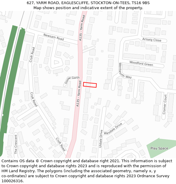 627, YARM ROAD, EAGLESCLIFFE, STOCKTON-ON-TEES, TS16 9BS: Location map and indicative extent of plot