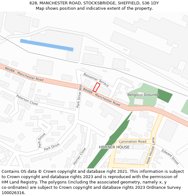 628, MANCHESTER ROAD, STOCKSBRIDGE, SHEFFIELD, S36 1DY: Location map and indicative extent of plot