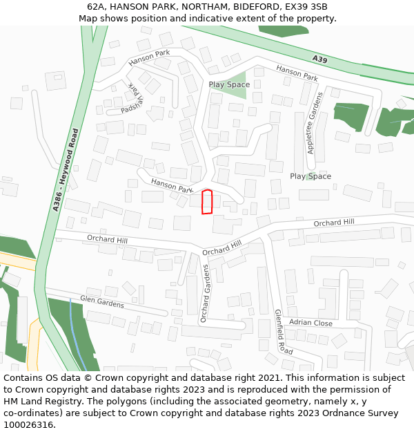62A, HANSON PARK, NORTHAM, BIDEFORD, EX39 3SB: Location map and indicative extent of plot