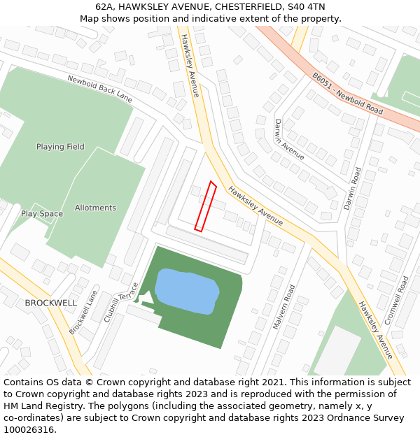 62A, HAWKSLEY AVENUE, CHESTERFIELD, S40 4TN: Location map and indicative extent of plot