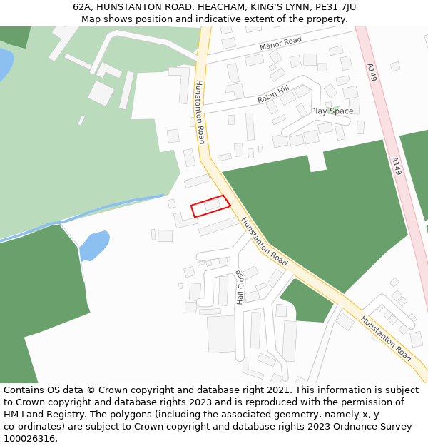 62A, HUNSTANTON ROAD, HEACHAM, KING'S LYNN, PE31 7JU: Location map and indicative extent of plot