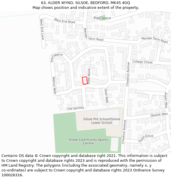 63, ALDER WYND, SILSOE, BEDFORD, MK45 4GQ: Location map and indicative extent of plot