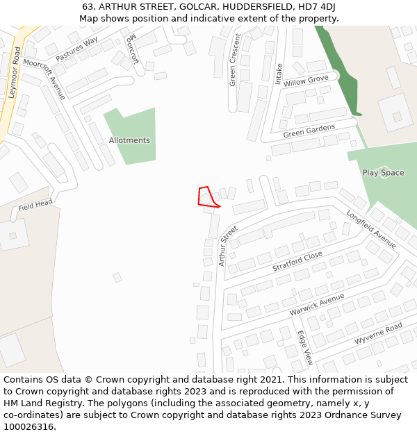 63, ARTHUR STREET, GOLCAR, HUDDERSFIELD, HD7 4DJ: Location map and indicative extent of plot