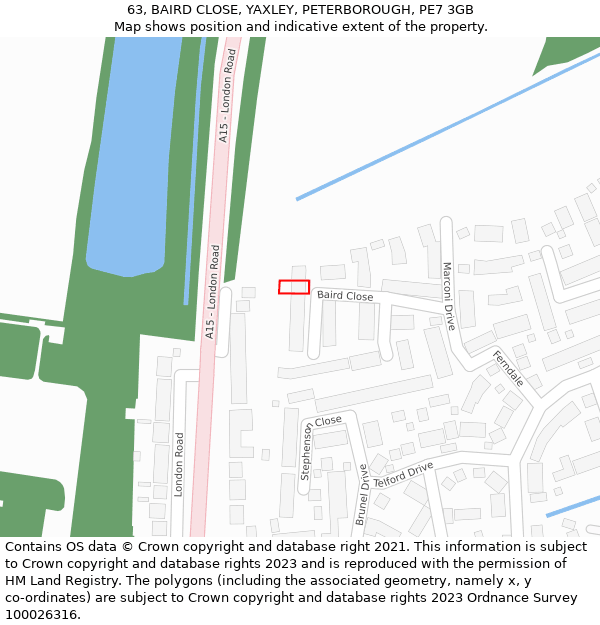 63, BAIRD CLOSE, YAXLEY, PETERBOROUGH, PE7 3GB: Location map and indicative extent of plot