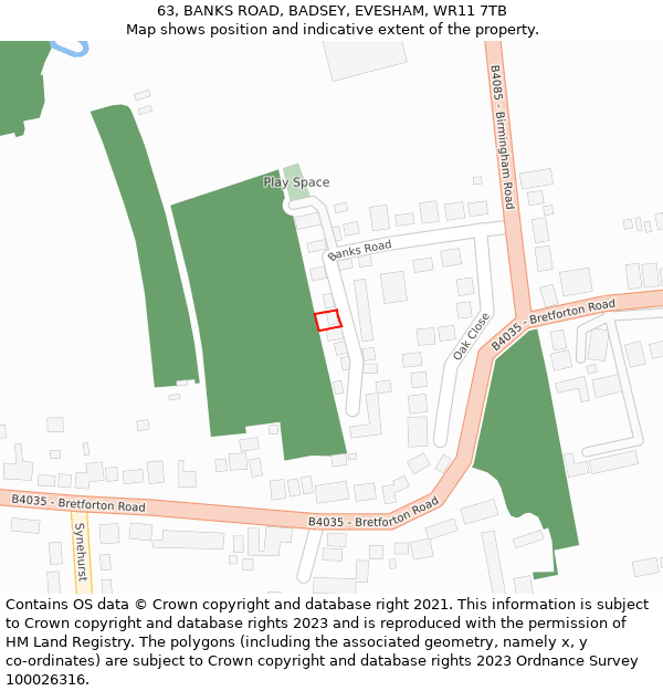 63, BANKS ROAD, BADSEY, EVESHAM, WR11 7TB: Location map and indicative extent of plot