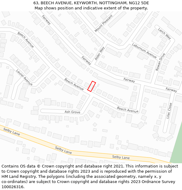 63, BEECH AVENUE, KEYWORTH, NOTTINGHAM, NG12 5DE: Location map and indicative extent of plot