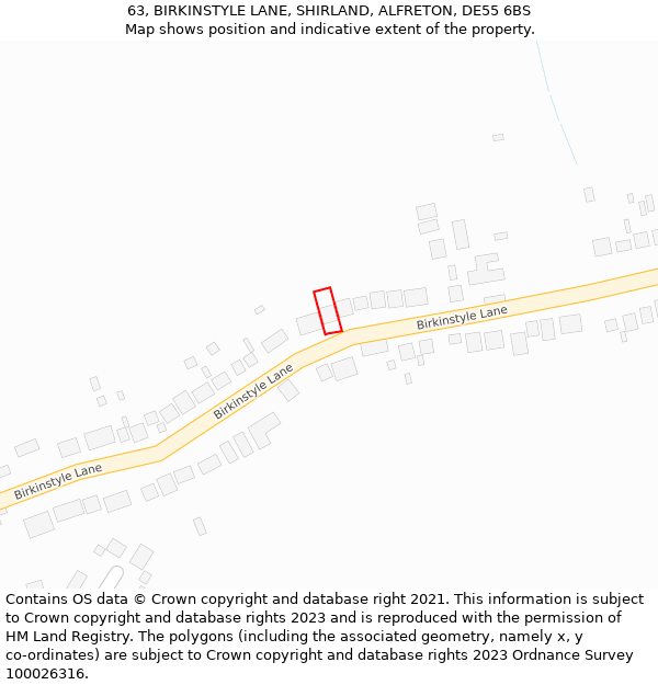 63, BIRKINSTYLE LANE, SHIRLAND, ALFRETON, DE55 6BS: Location map and indicative extent of plot